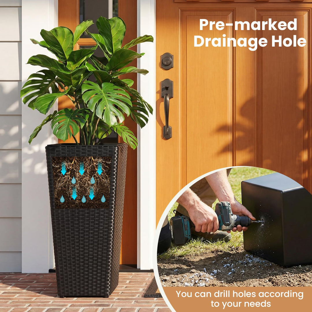 Giantex Set of 2 Rattan Tall Plant Pots with Detachable Plastic Liners