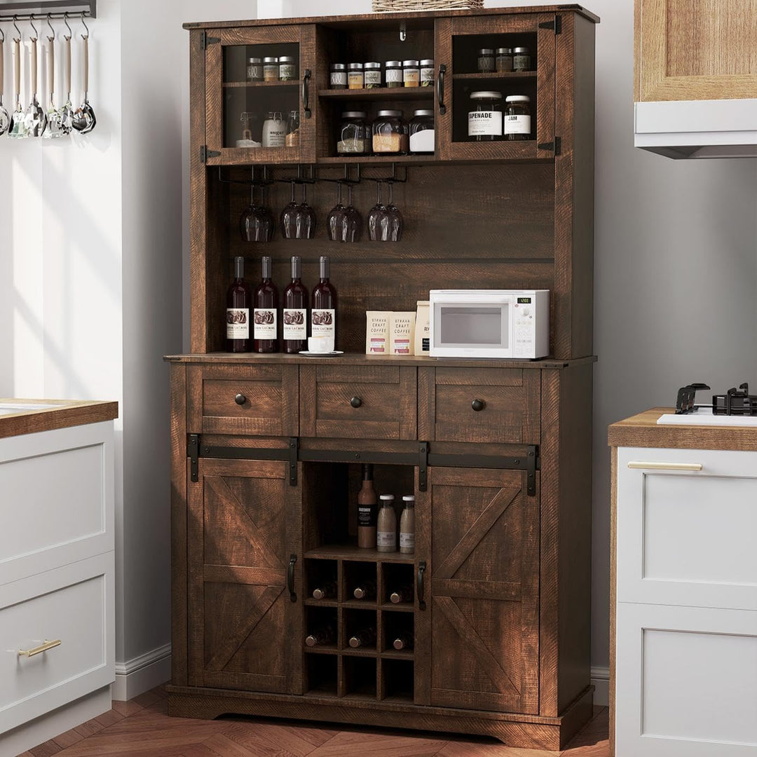Giantex 72" Farmhouse Coffee Bar Cabinet w/Glass Doors &amp; Wine Racks