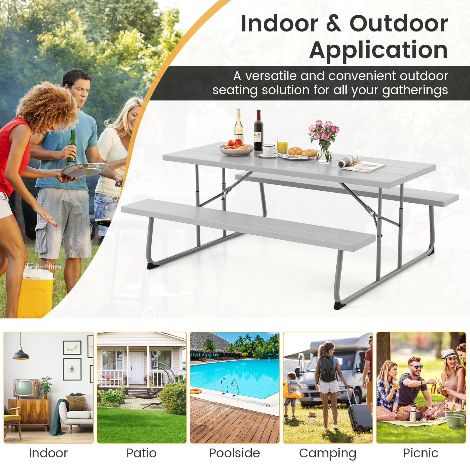 Giantex Folding Picnic Table - 6 FT Outdoor Table Bench Set for 8 Persons w/All-Weather HDPE Tabletop