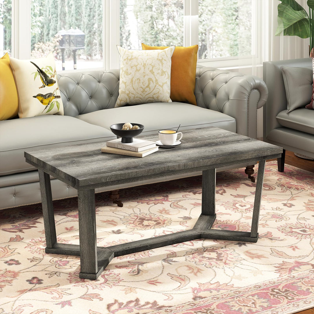 Giantex Farmhouse Wood Coffee Table with Cross-Shaped Base & Rubber Wood Frame