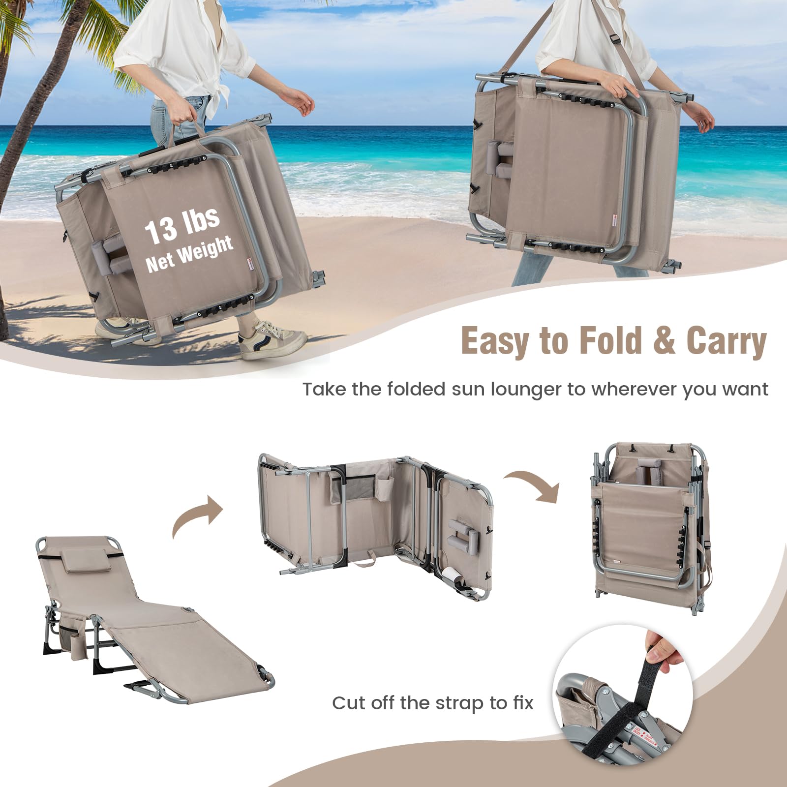 Giantex Folding Beach Tanning Chair - Outdoor Chaise Lounge Chair, 5-Position Adjustable Lounger with Face Hole