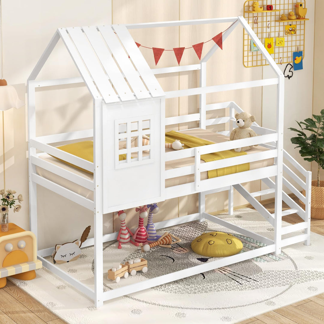 Giantex Twin Bunk Beds with Stairs, Floor House Bed with Roof & Window