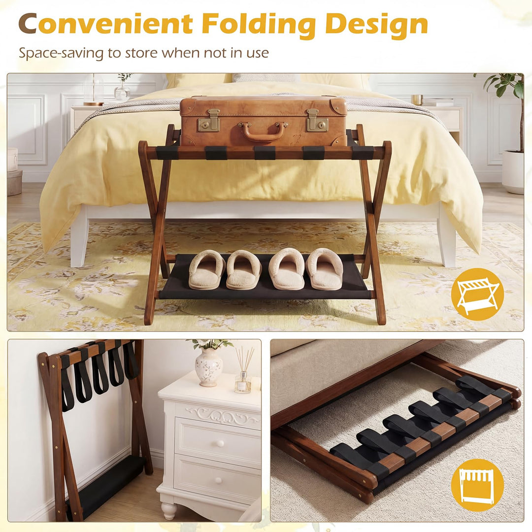 Giantex Folding Luggage Rack | Solid Rubber Wood Suitcase Stand with Storage Shelves