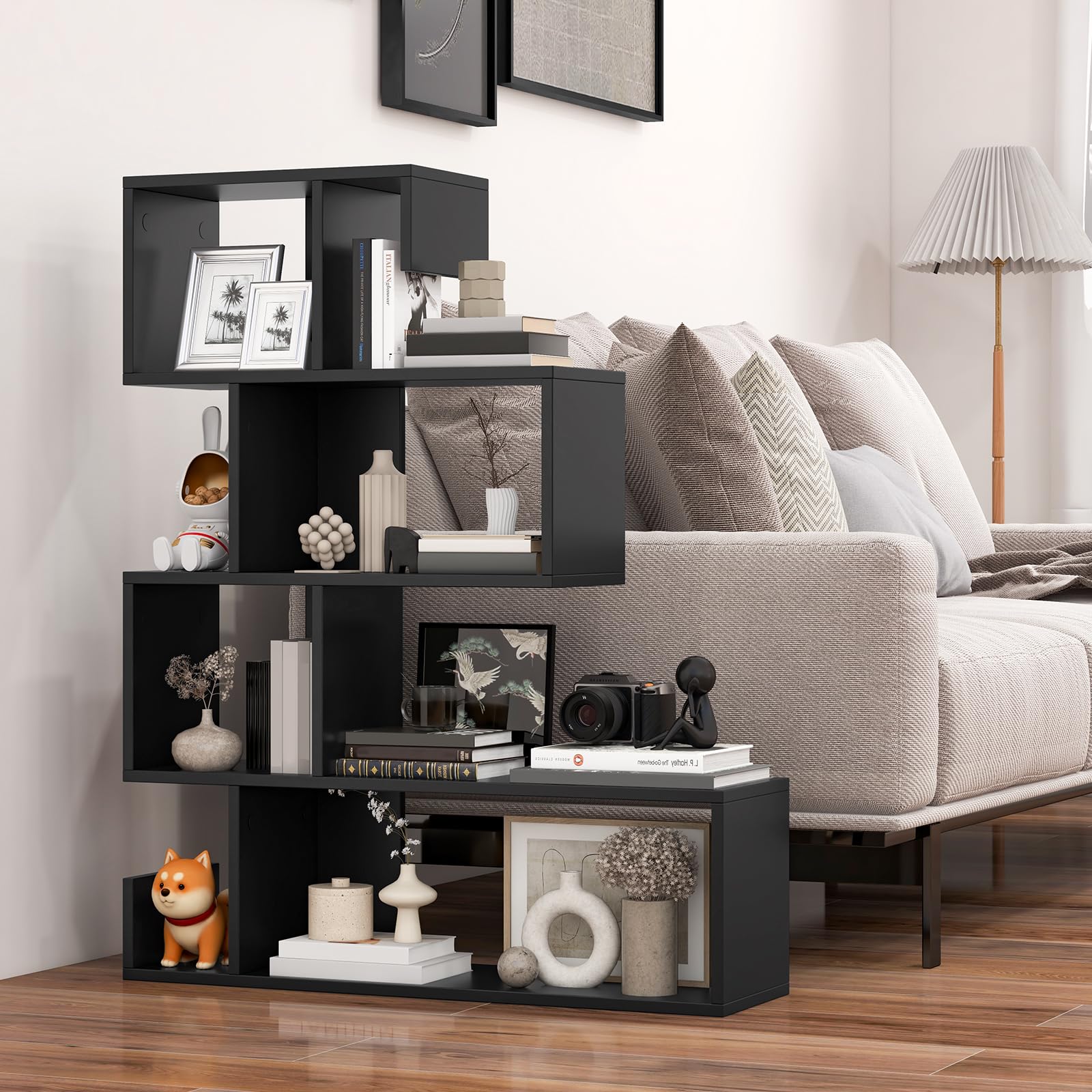 Giantex 5-Tier S-Shaped Bookshelf, Geometric Bookcase w/Open Cubes