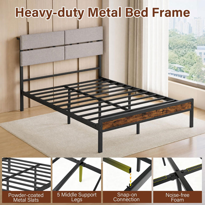 Full Size Metal Bed Frame with Upholstered Headboard &amp; Charging Station