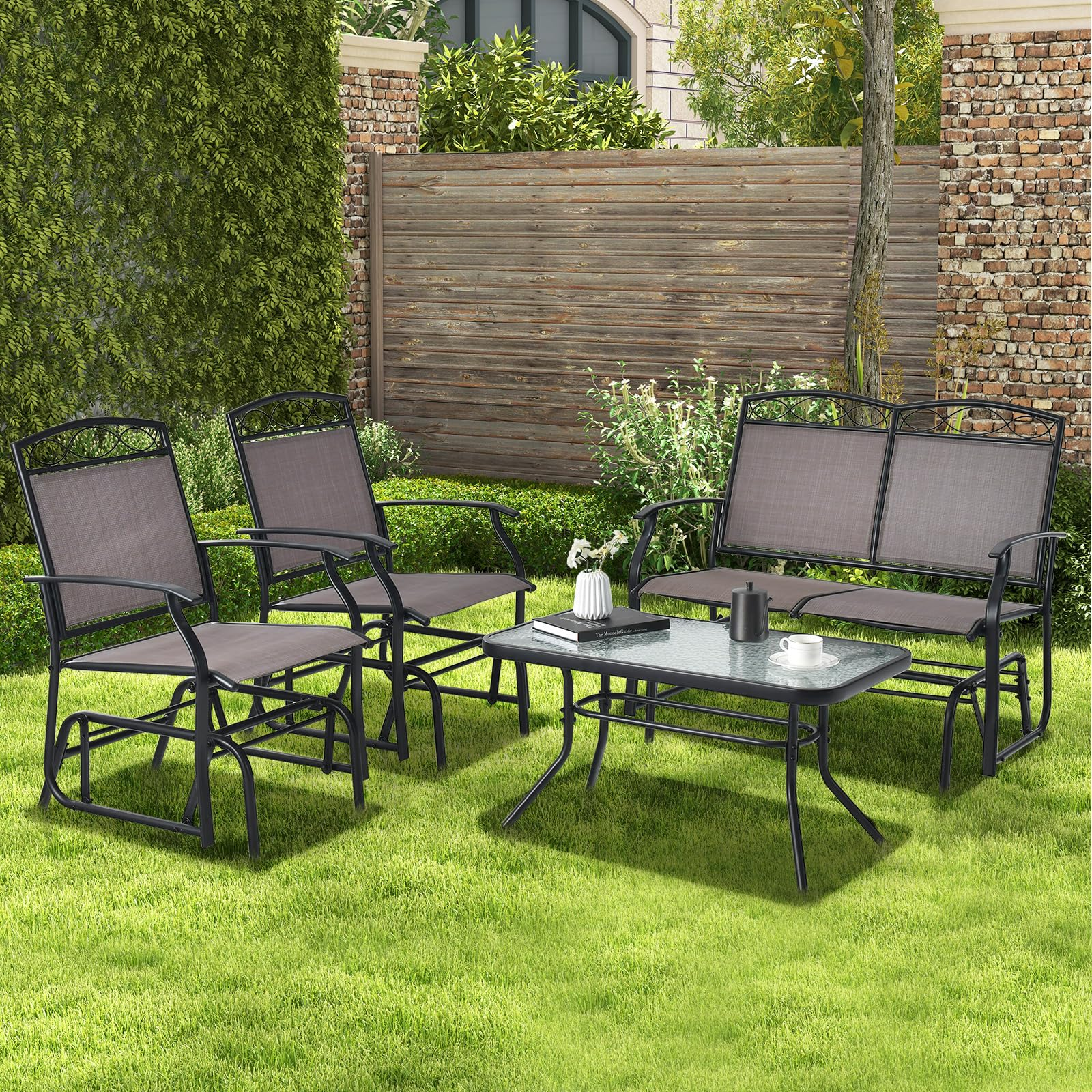 Giantex 4 or 2 PCS Outdoor Glider Chairs Set - Patio Furniture Set with Tempered Glass Table (4 PCS, Brown)