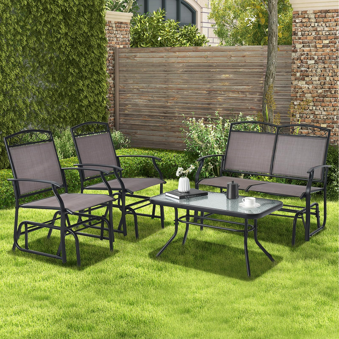 Giantex 4 or 2 PCS Outdoor Glider Chairs Set - Patio Furniture Set with Tempered Glass Table (4 PCS, Brown)