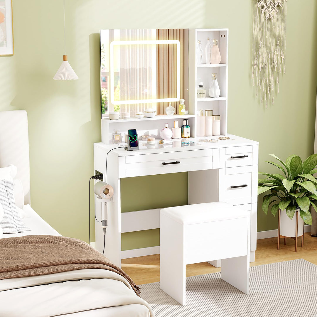 Vanity Desk with Mirror and Lights with Charging Station