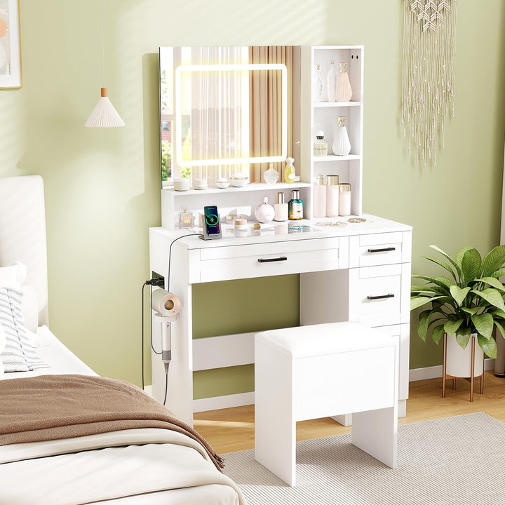 Vanity Desk with Mirror and Lights with Charging Station