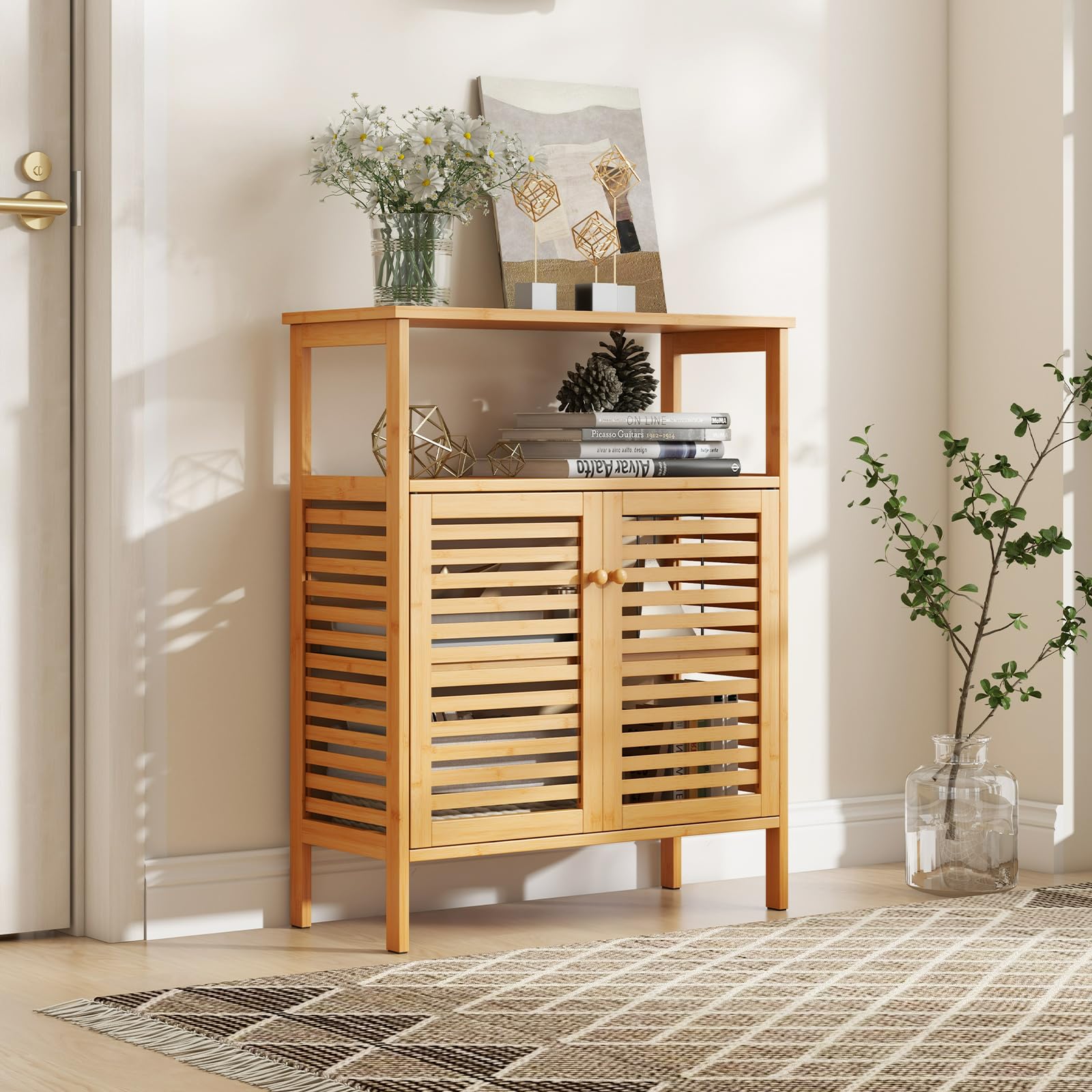 Giantex Storage Cabinet, Bamboo Bathroom Floor Cabinet with Double Louvered Doors