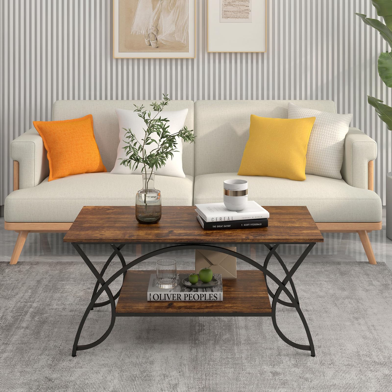 Giantex 2-Tier Rectangular Coffee Table, Modern Chic Cocktail Table with Open Storage Shelf, White/Gold