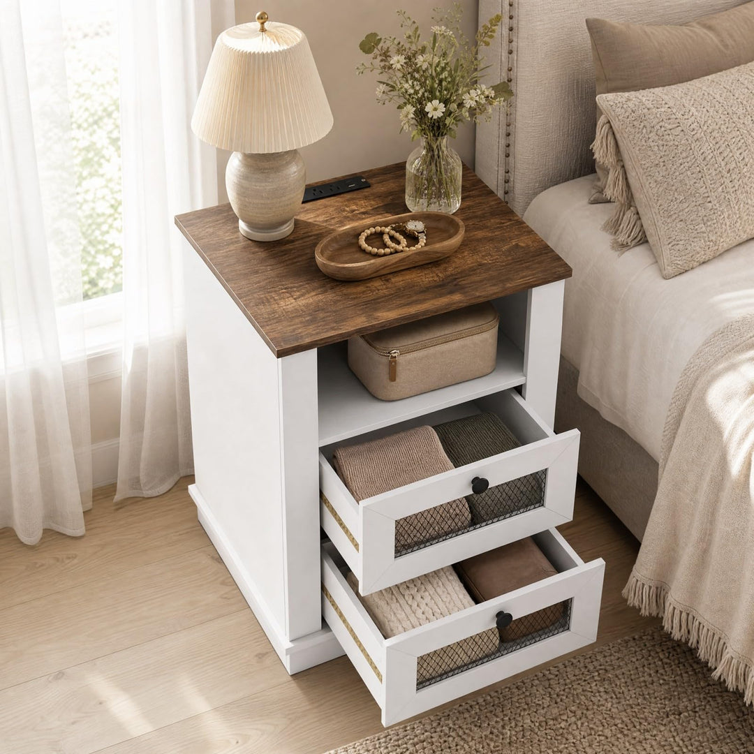 GIANTEX Nightstand with Charging Station for Bedroom And Living Room
