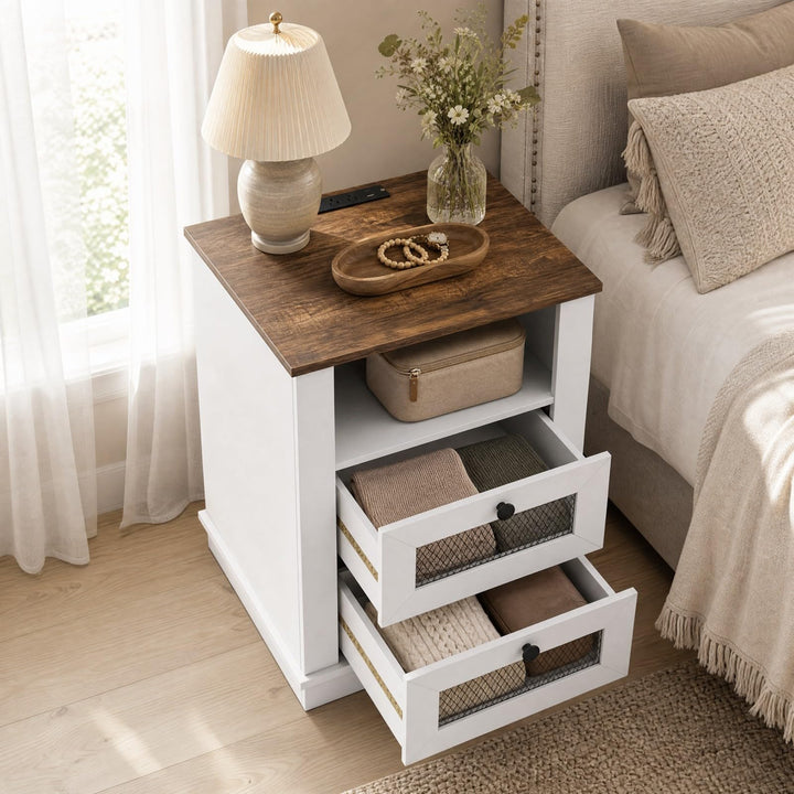GIANTEX Nightstand with Charging Station for Bedroom And Living Room