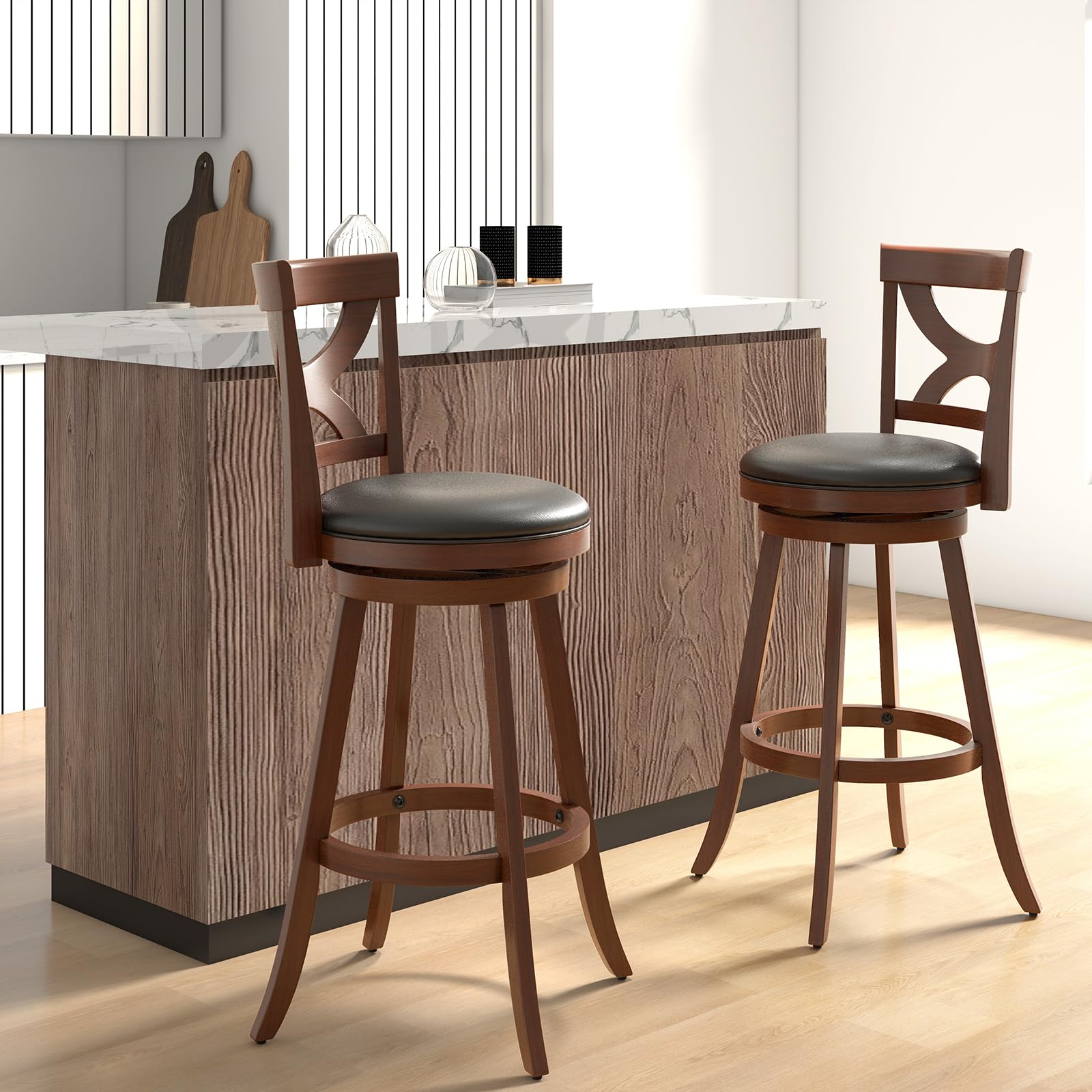 Giantex Bar Stools Set of 2, 30.5" Counter Height Bar Dining Chairs with Back & Footrest, Rubber Wood Frame