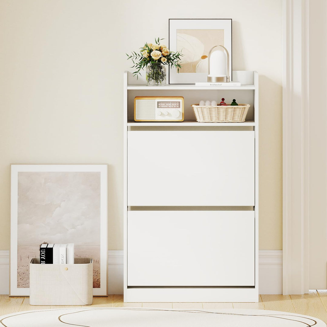 Giantex Shoe Cabinet with 2 Flip Drawers Freestanding Narrow Shoe Organizer Cabinet