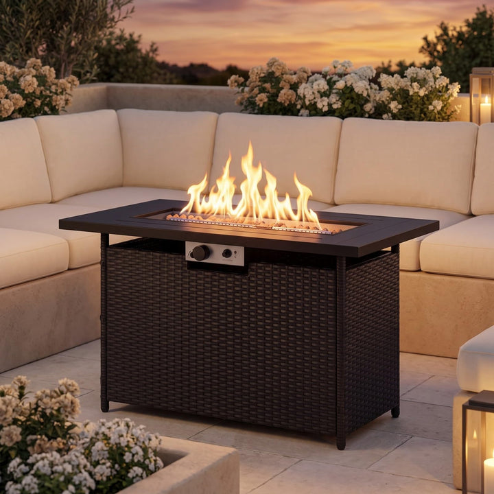 Giantex 42 Inch Propane Fire Pit Table | 50,000 BTU Wicker Gas Fire Table with Removable Lid