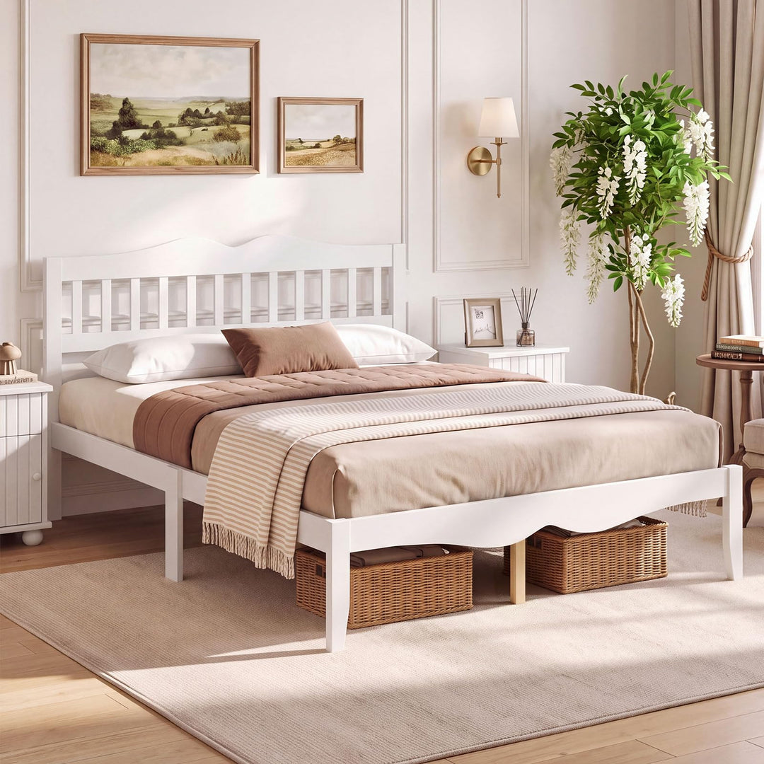 GIANTEX Full/Queen Size Wooden Bed Frame with Slatted Headboard