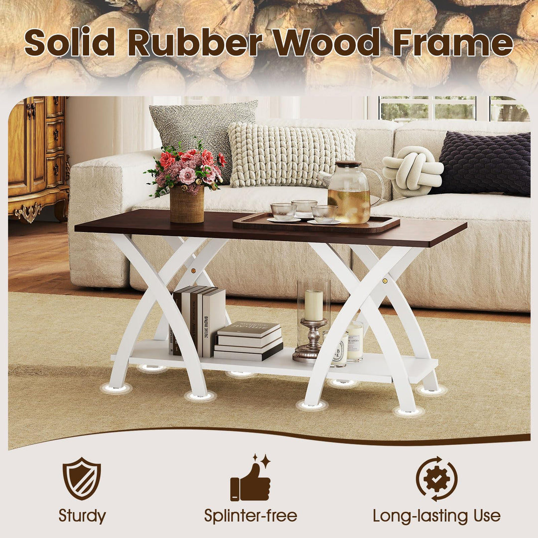 40 Inch Farmhouse Wooden 2-Tier Coffee Table with Storage Shelf for Living Room