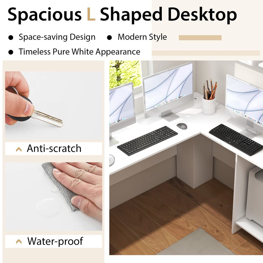 Giantex L Shaped Computer Desk, 51" Large Corner Desk with 2 Cable Holes & 2 Storage Shelves, White