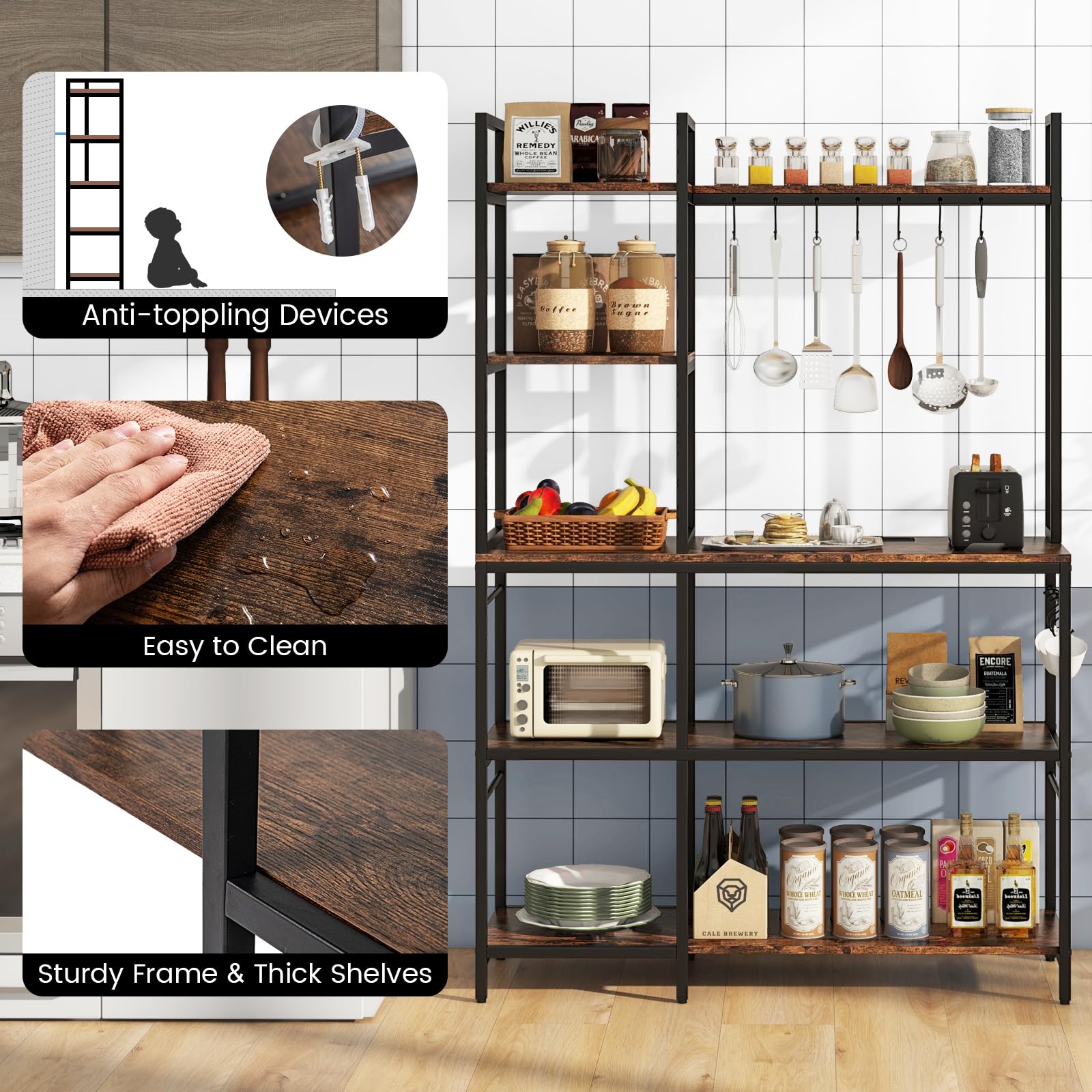 Giantex Bakers Rack with Power Outlets, 5-Tier Coffee Bar Table Organizer w/ 10 S-Shaped Hooks, 63" Large Microwave Stand