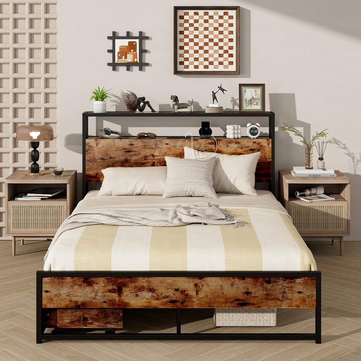 Giantex Bed Frame with 2-Tier Storage Headboard