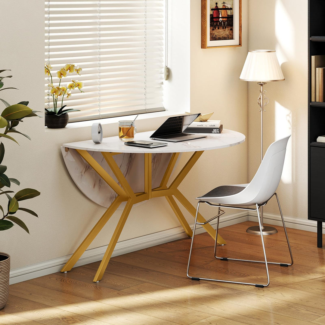 Giantex Folding Dining Table for 4-6 People 47" Round Drop Leaf Table with Metal Frame