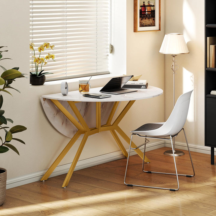 Giantex Folding Dining Table for 4-6 People 47" Round Drop Leaf Table with Metal Frame