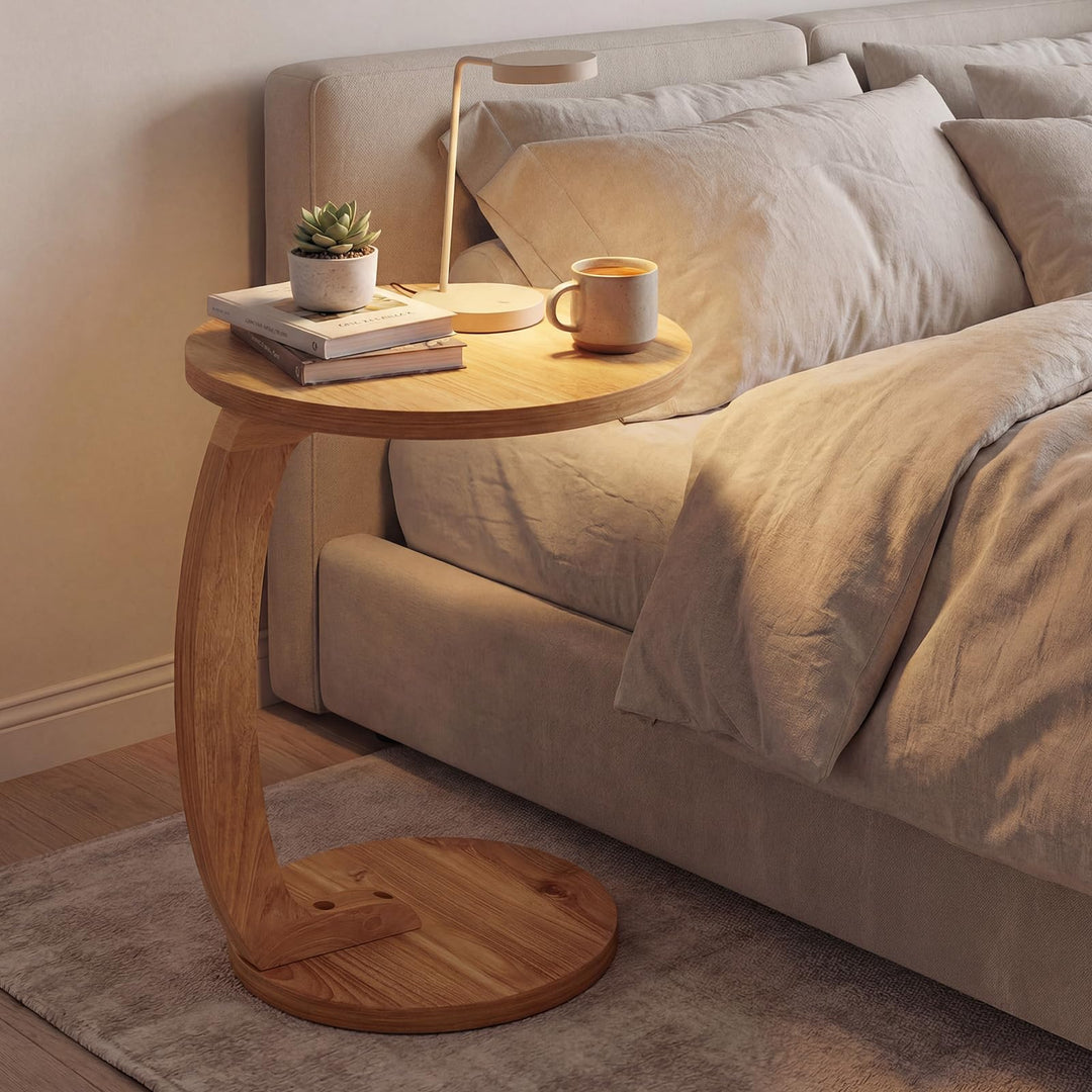 Giantex C-Shaped Round Side Table Set of 1/2 24" Solid Teak Wood