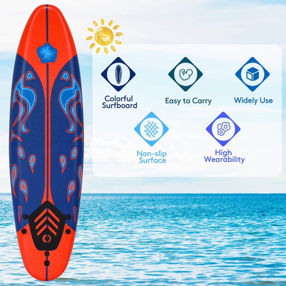 Giantex 6' Surfboard Surfing Surf Beach Ocean Body Foamier Board with Removable Fins