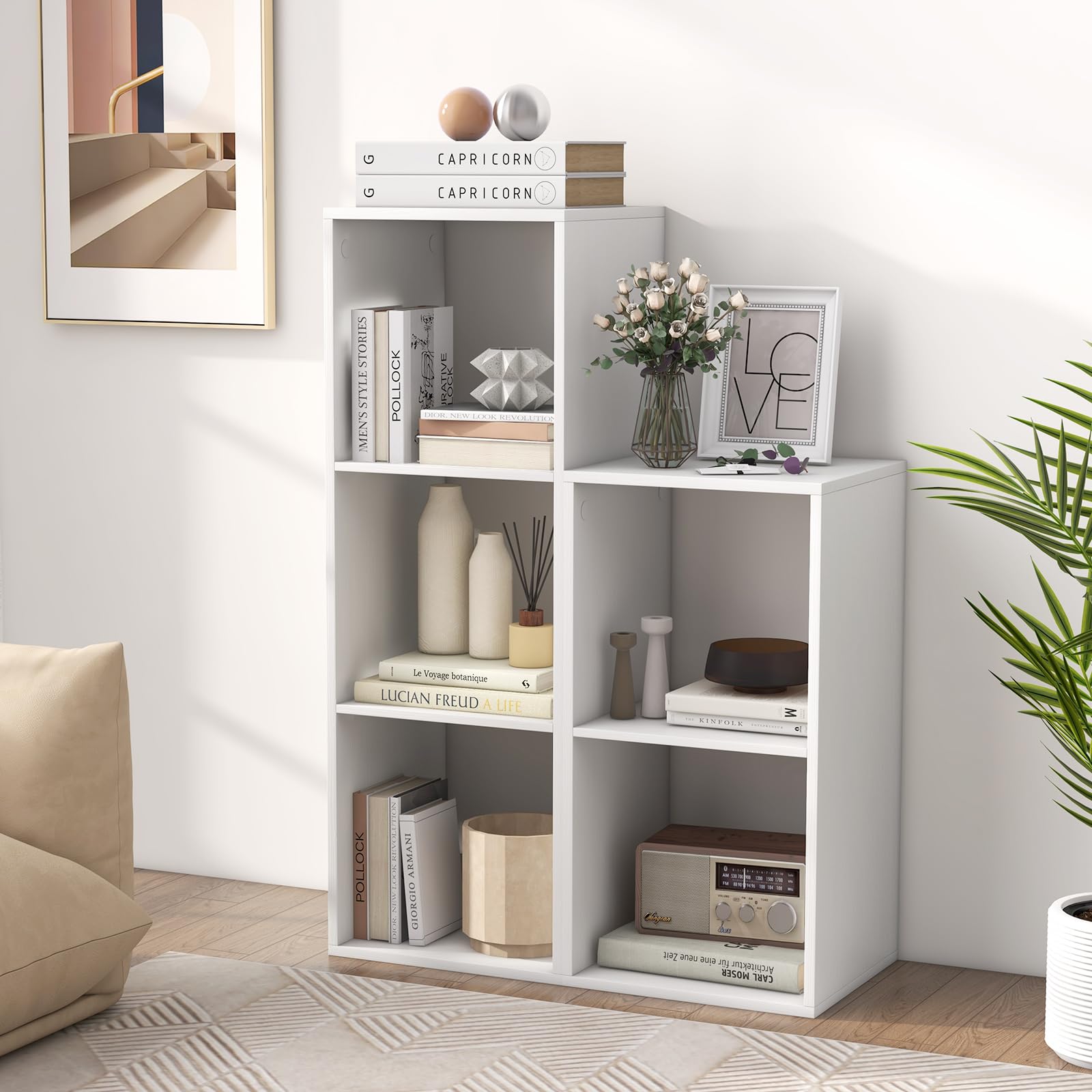 Giantex 3-Cube Bookcase, White Cubby Bookshelf w/Back Guardrail & Anti-Tipping Kits