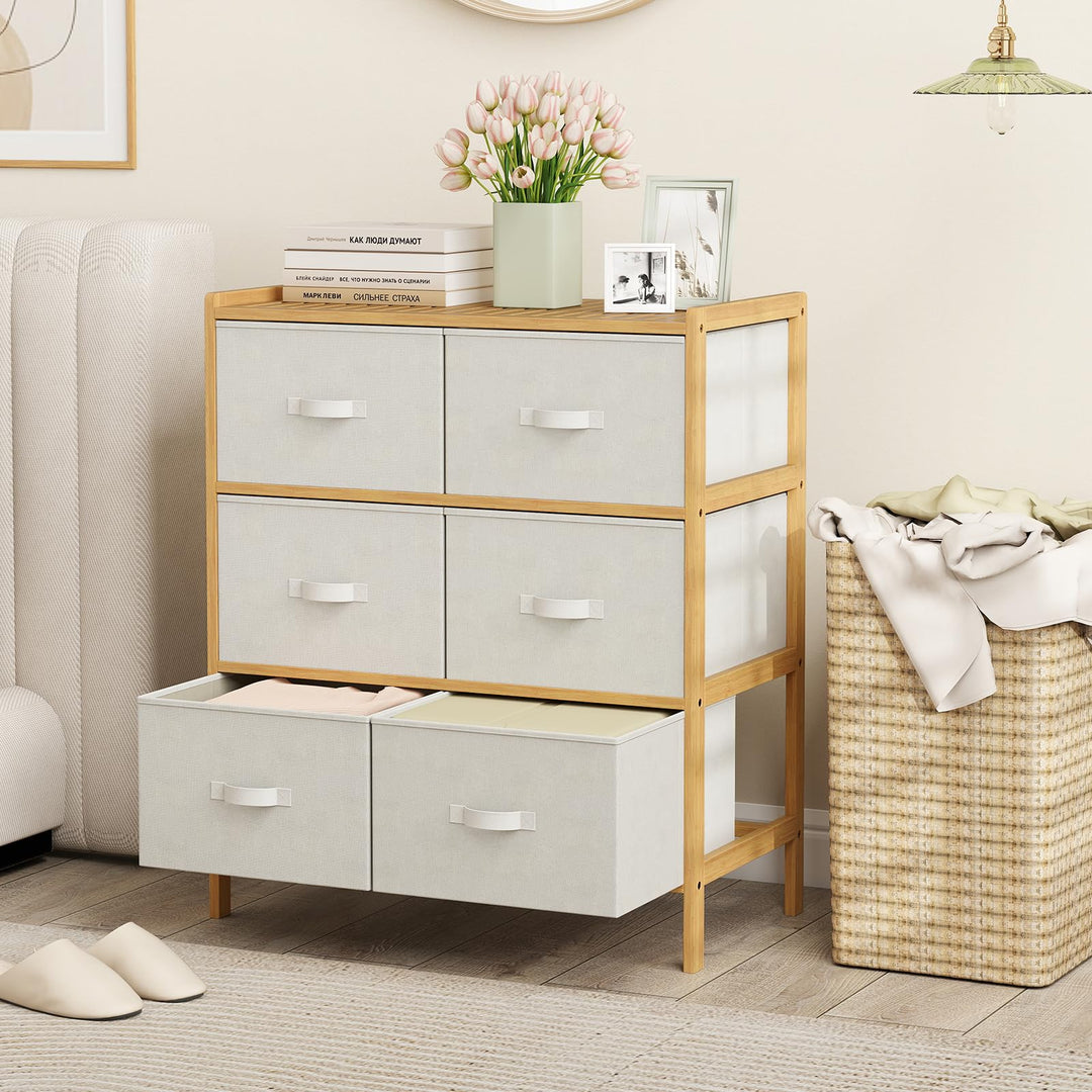 Giantex White Dresser for Bedroom Bamboo 6 Fabric Drawers Storage Tower with Top Shelf