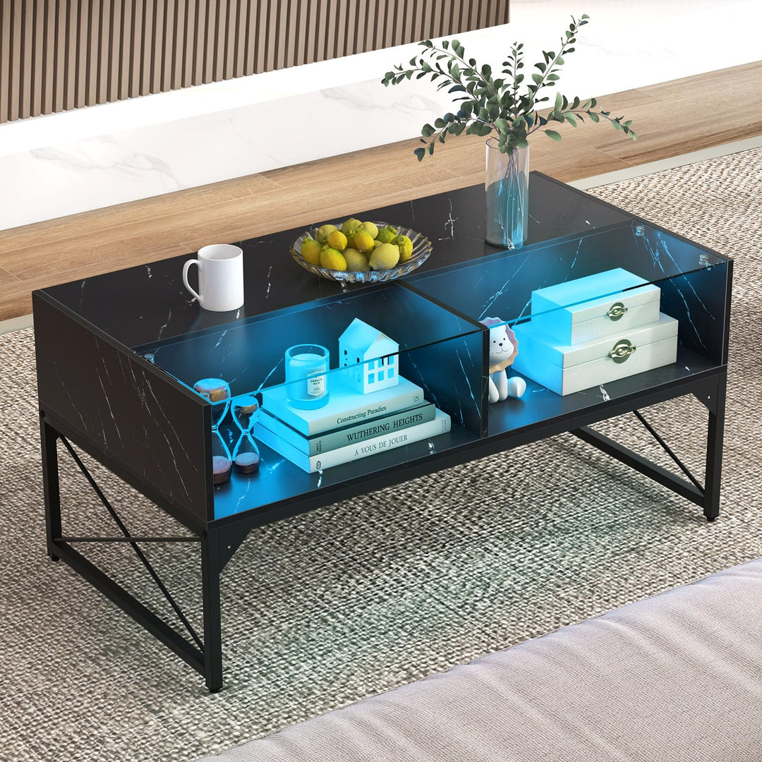 Giantex LED Coffee Table, High Gloss Coffee Tables with 4 Storage Cubes