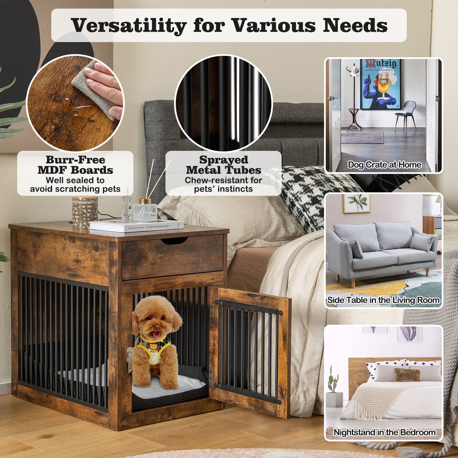 Giantex Dog Crate Furniture, Dog Kennel End Table with Chew-Proof Metal Fence, Lockable Door