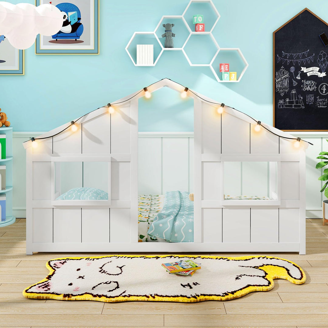 Giantex Twin Kids House Bed with Light Bulbs Wooden Montessori Floor Bed Frame with Roof & Windows