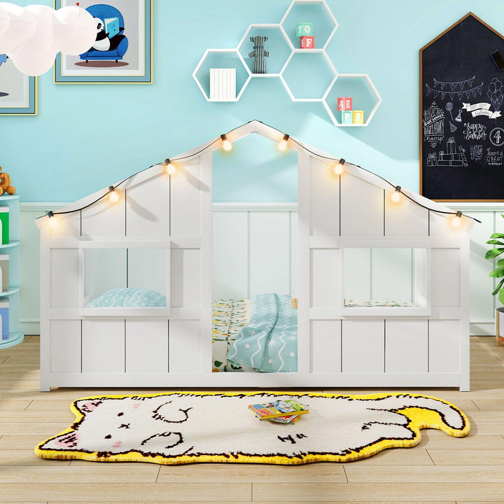Giantex Twin Kids House Bed with Light Bulbs Wooden Montessori Floor Bed Frame with Roof & Windows