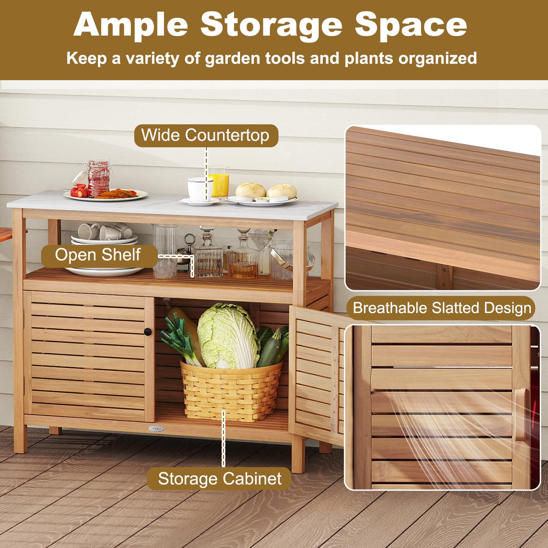 Giantex Outdoor Potting Bench Acacia Wood Large Planting Workstation with 2-Door Storage Cabinet