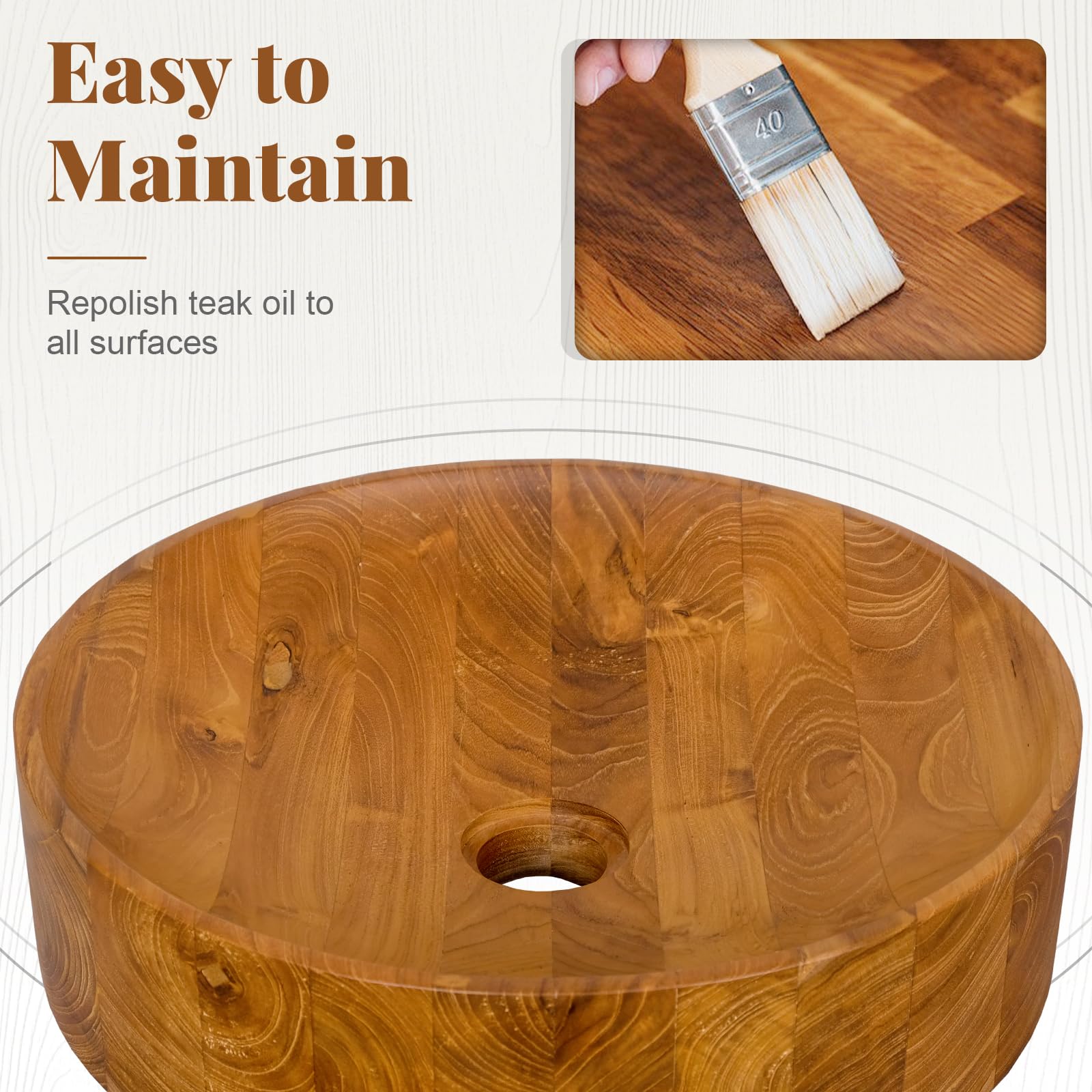Giantex Teak Wood Vessel Sink - Bathroom Washbasin with Smooth Finish, 2.5” Drain Hole for 1 5/8" Drainage (16” x 16” x 4”)