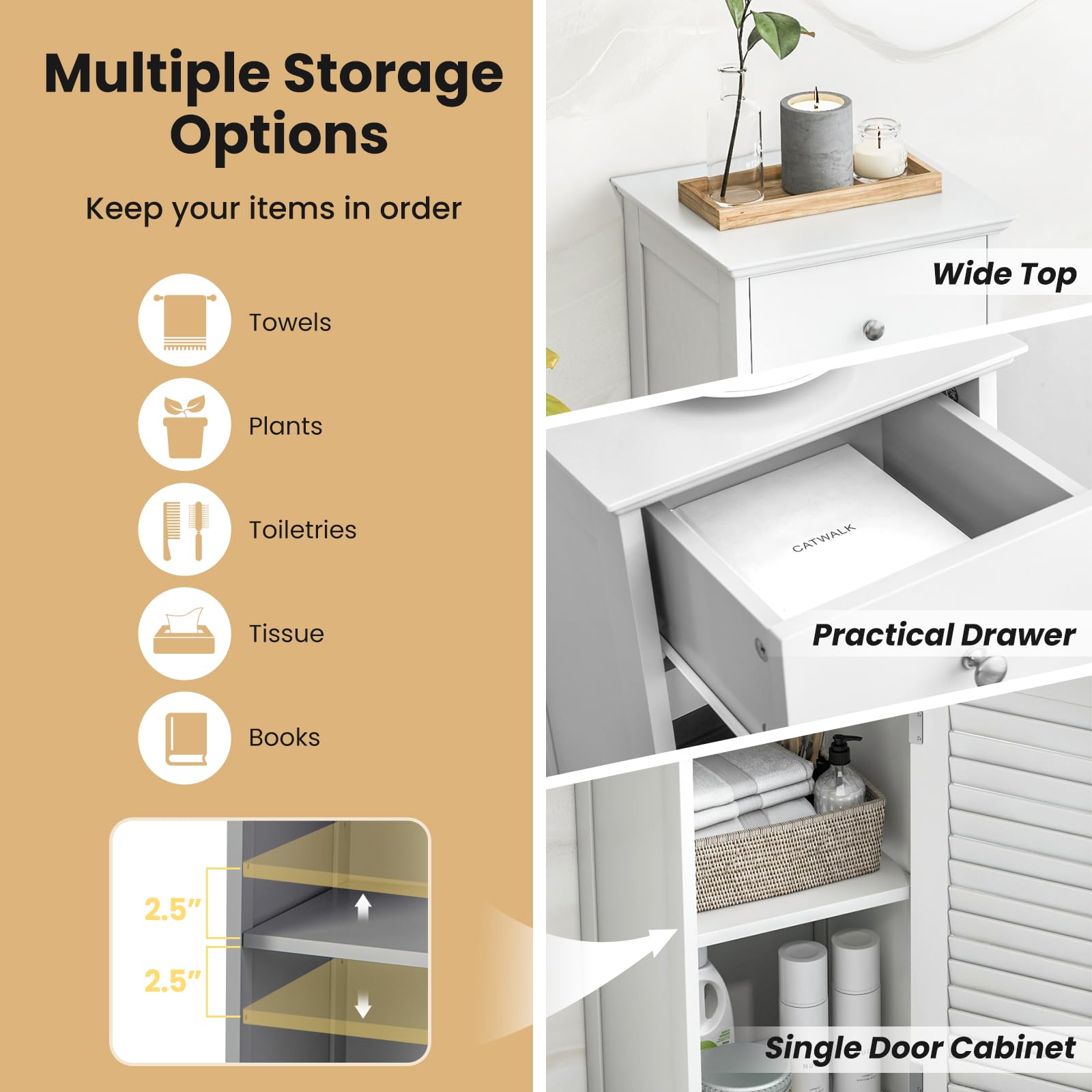 Giantex Bathroom Floor Storage Cabinet - Freestanding Side Cabinet with 1 Door, 1 Drawer & 3-Height Adjustable Shelf