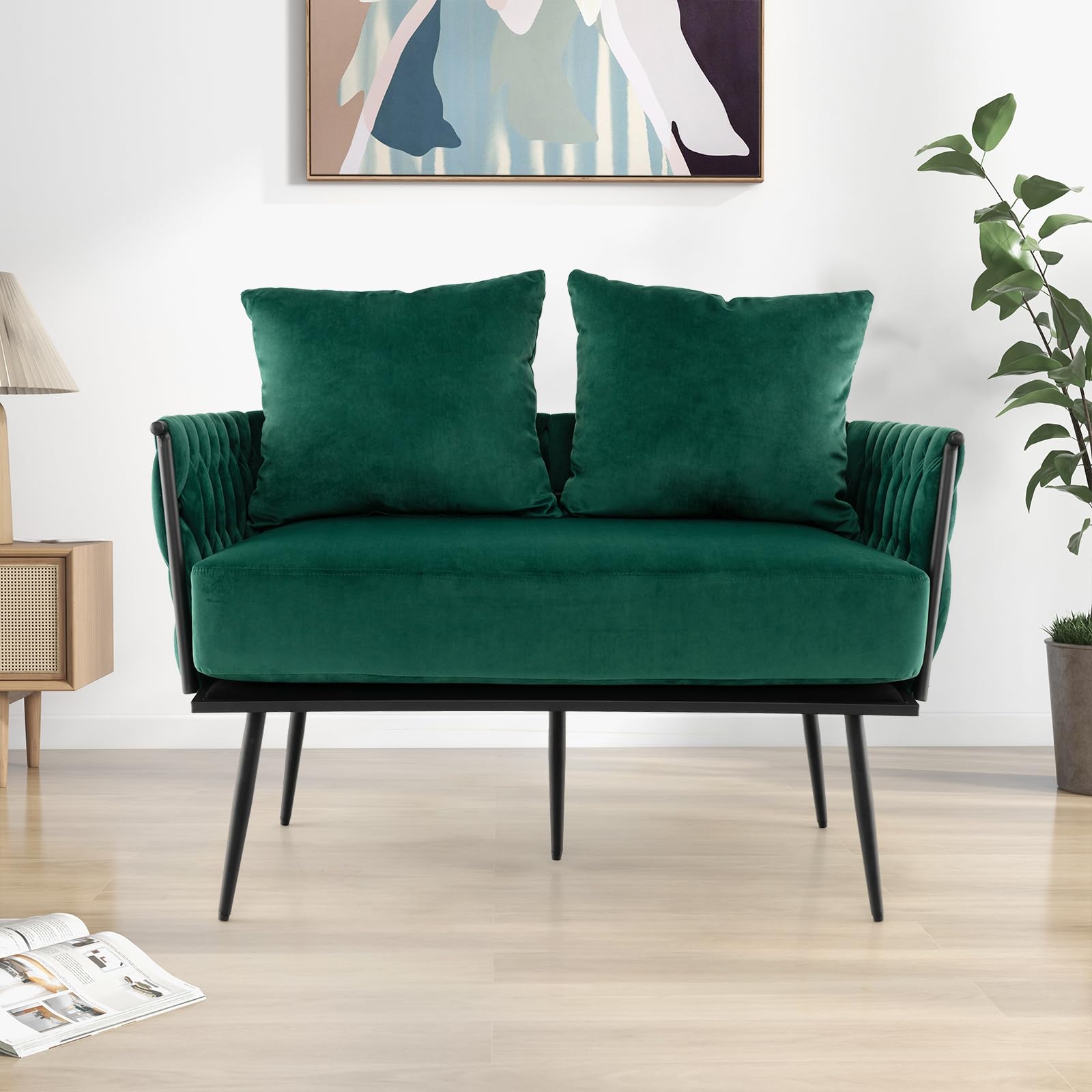 Giantex Loveseat Sofa, Upholstered 2 Seat Sofa Couch with Dutch Velvet, Woven Back and Arms, 2 Pillows