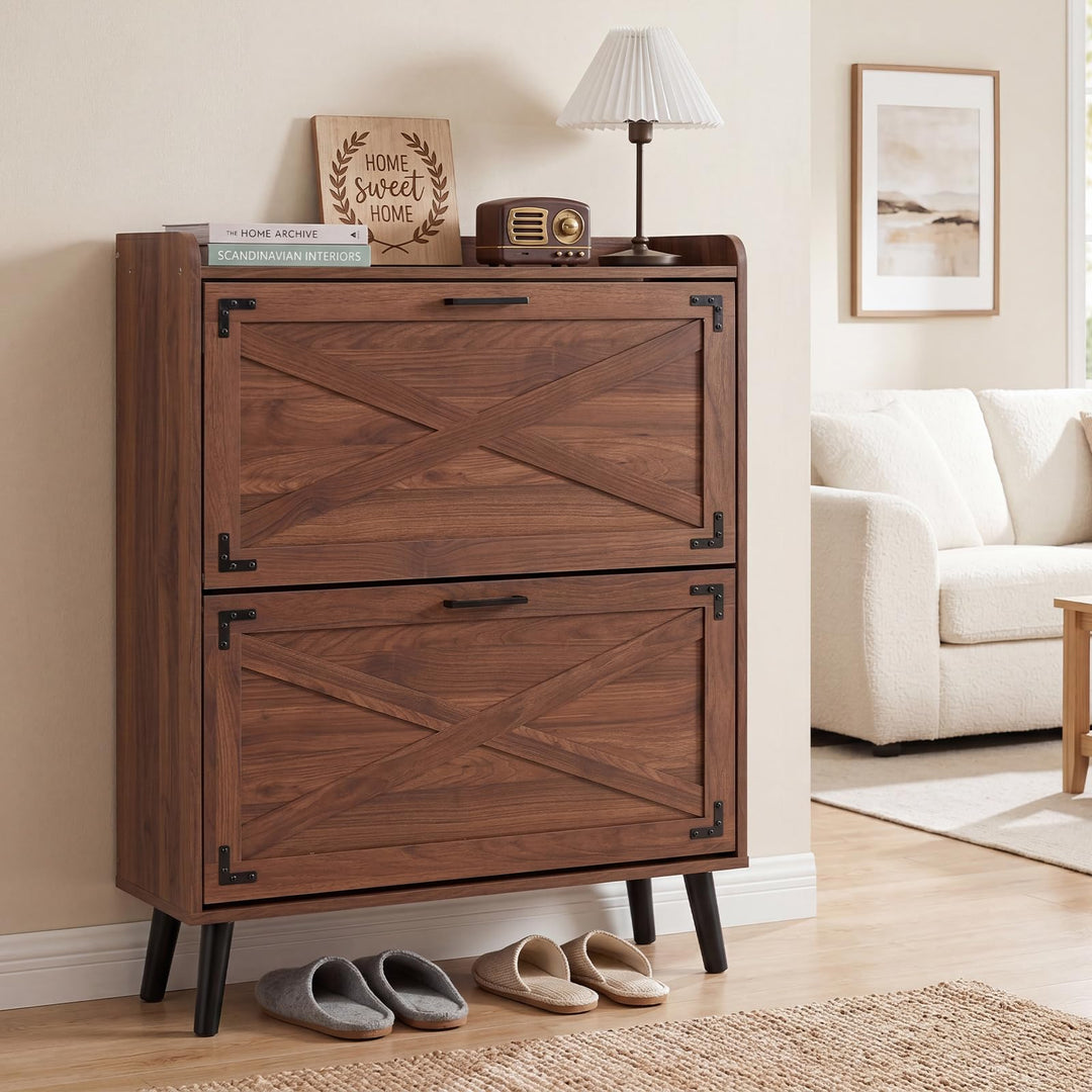 Giantex Freestanding Slim Farmhouse Shoe Storage Cabinet with 2 Flip Drawers