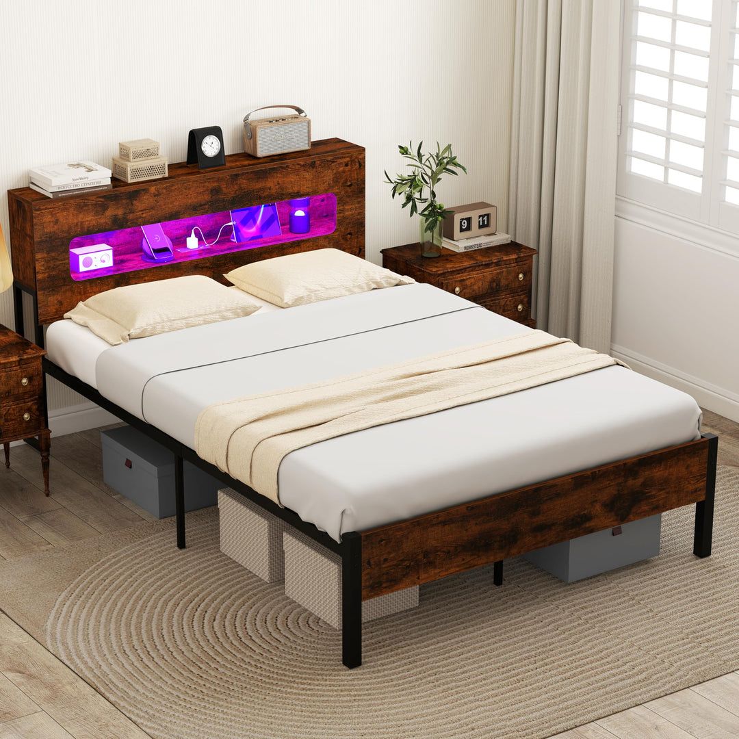 Giantex Full Size Bed Frame with LED Lights & Charging Station