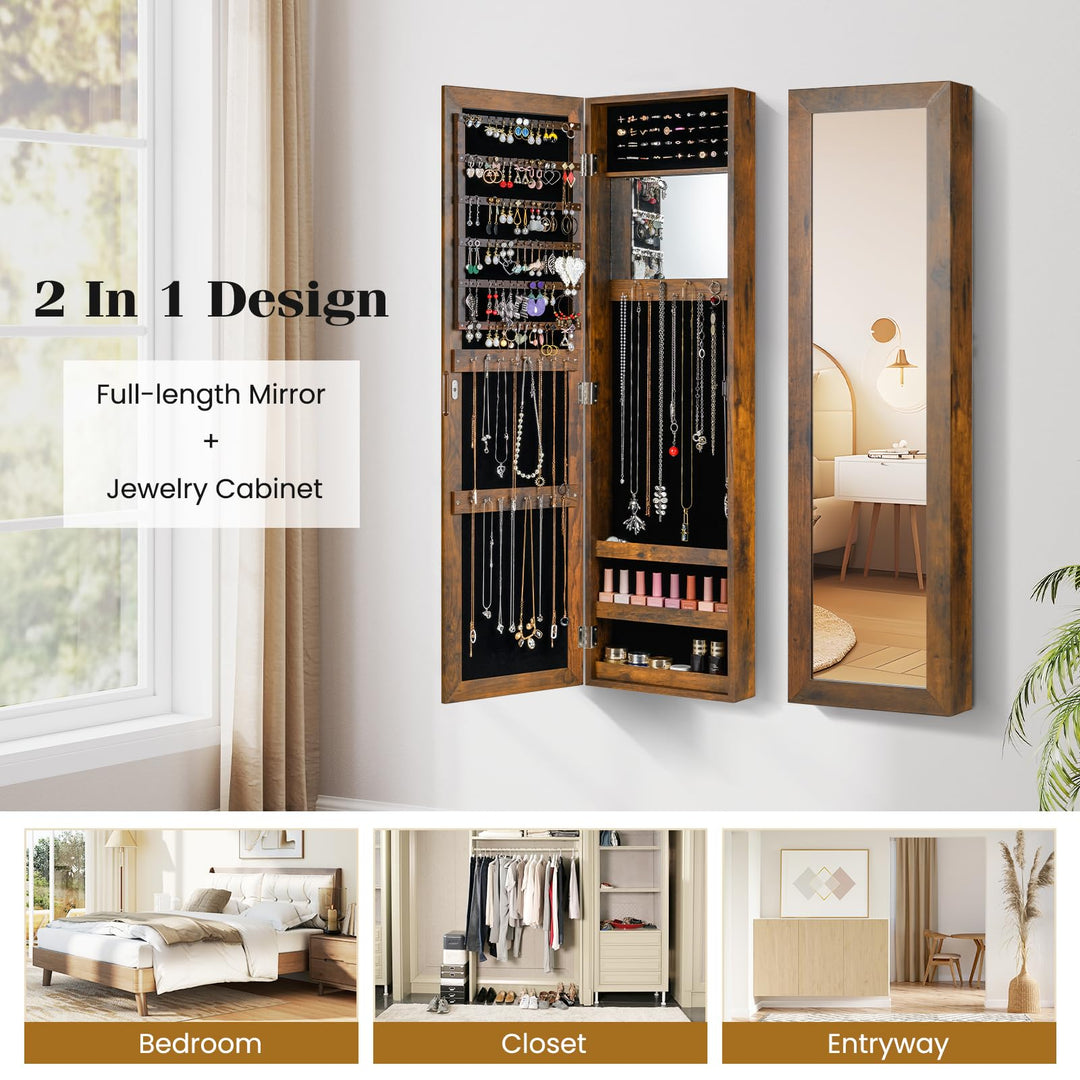 Giantex Wall Mounted Jewelry Cabinet with Full Length Mirror Over The Door Jewelry Armoire Organizer with Large Storage