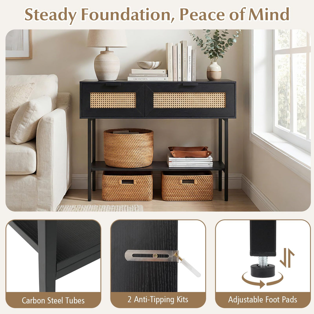 Giantex Rattan Console Table Boho Entryway Table with 2 Storage Cabinets