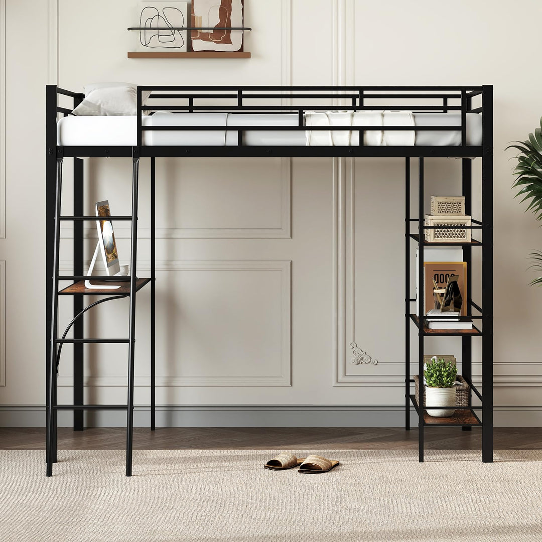 Giantex Twin Size Loft Bed with Desk & Shelves for Kids