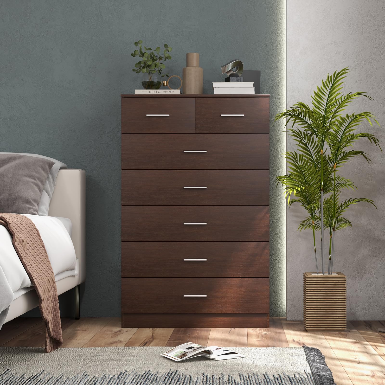 Giantex 7 Drawers Dresser for Bedroom - Wooden Chest of Drawers with Anti-toppling Device