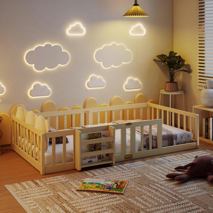GIANTEX Twin Solid Wood Floor Bed for Kids | Montessori Bed with Bedside Bookshelf