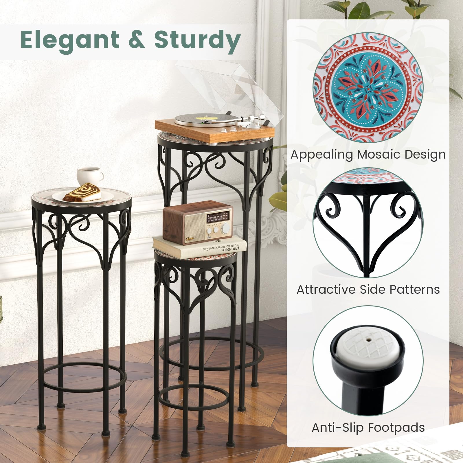 Giantex Metal Plant Stand Set of 3, 28" Mosaic Tall Flower Stand with Ceramic Top