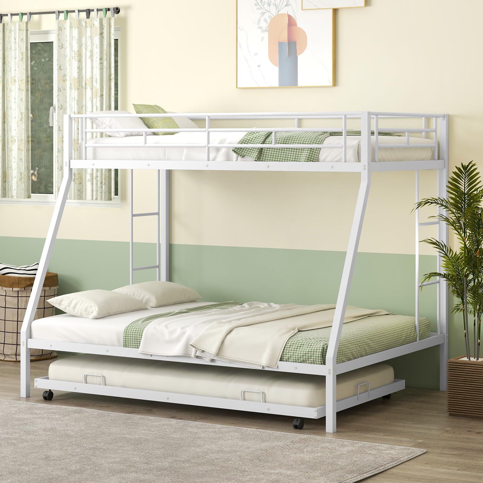 Giantex Twin Over Full Bunk Bed with Trundle, Heavy-Duty Metal Triple Bunk Beds