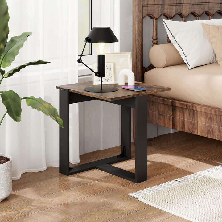 Giantex Rustic Brown Square Industrial Side Table w/T-Shape Metal Frame