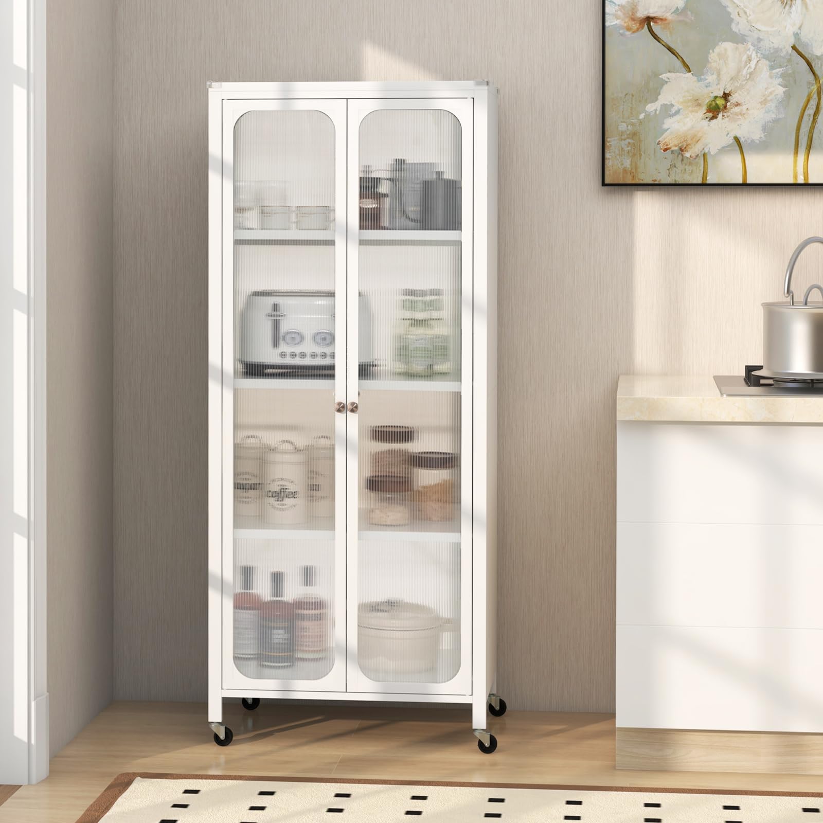 Giantex Bookcase with Doors, 58" Tall 4-Tier Bookshelf with Wheels, Adjustable Shelves (White)